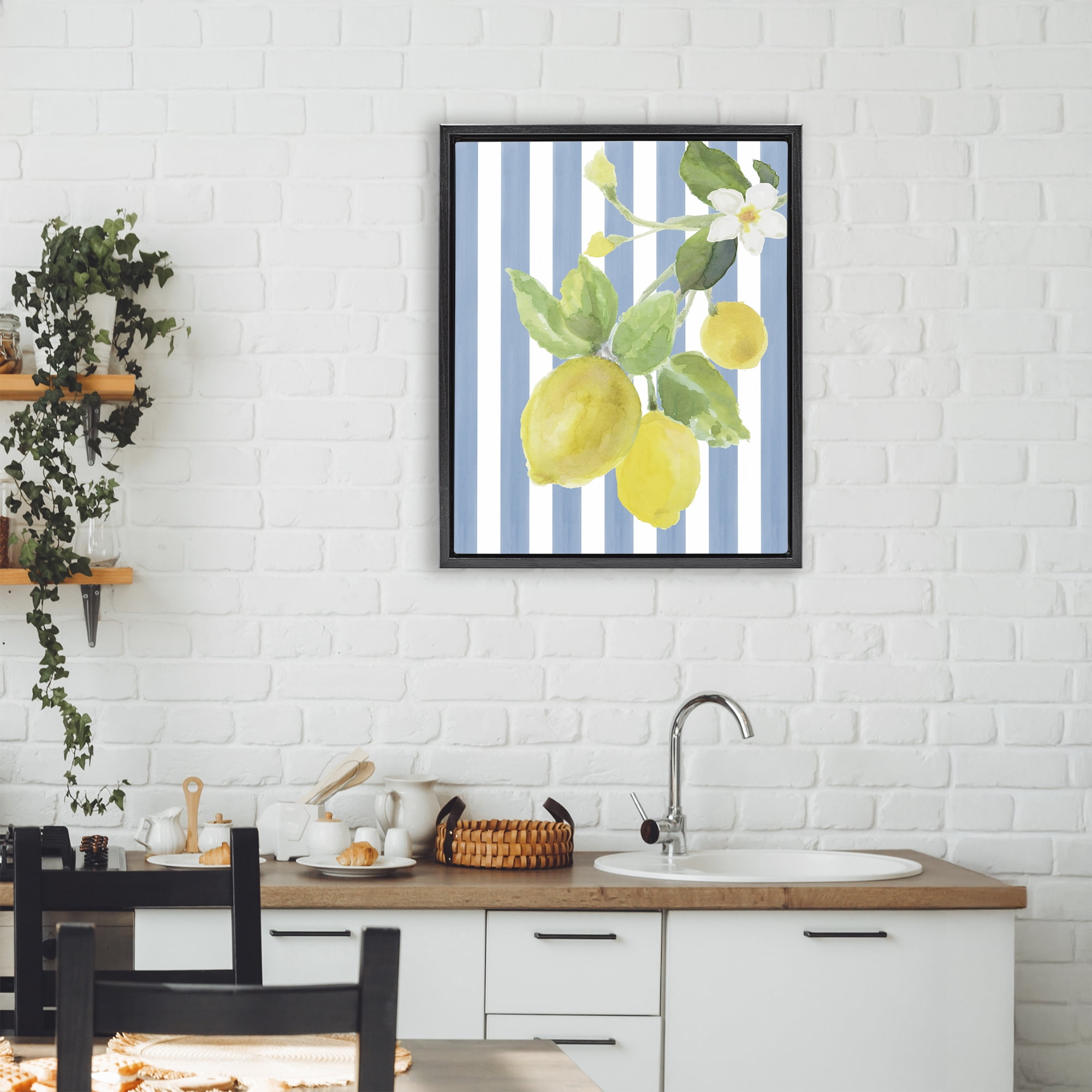Stupell Industries Lemon Blossom on Blue Stripes Black Framed Floater Canvas Wall Art, design by Lanie Loreth