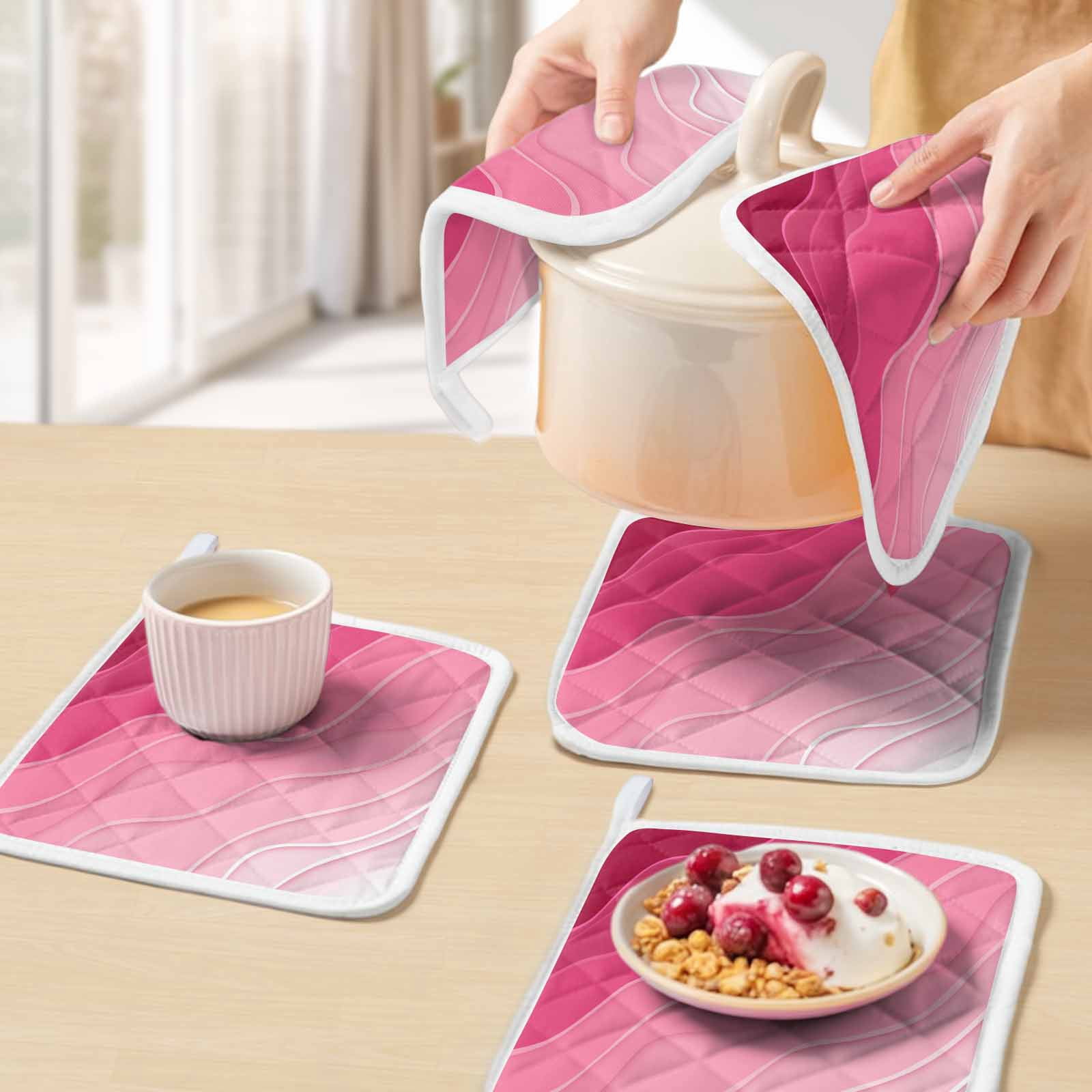 Valentines Pink Ombre Pot Holders for Kitchen Heatproof Potholder, 3 Pack Modern Geometric Abstract Aesthetic Cream Hot Pads Multipurpose Oven Pads Cloth Potholders Trivet for Cooking Baking
