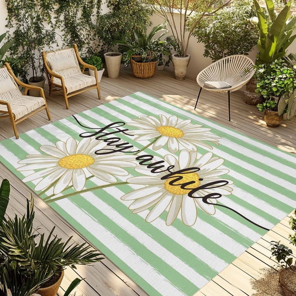 Daisy Flower Outdoor Rug for Patio/Deck/Porch, Non-Slip Large Area Rug 6 x 9 Ft, Watercolor Farmhouse Country Floral Stripe Indoor Outdoor Rugs Washable Area Rugs, Camping Rug Carpet Runner