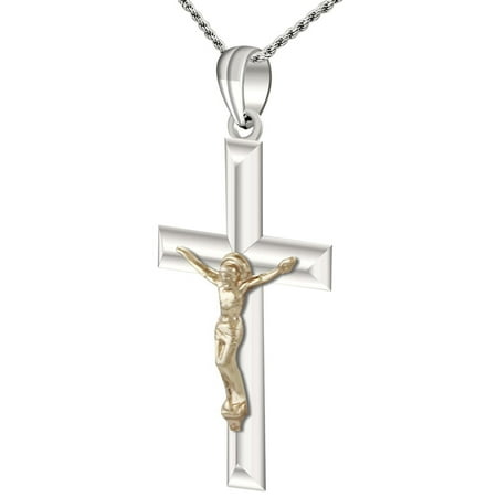- Mens Solid 0.925 Sterling Silver & 14k Gold Crucifix Cross Pendant Necklace
