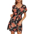 thumbnail image 2 of Seyurigaoka Women’s Summer Casual Short Sleeve Dress Boho Flower Print Button V-neck High Waist Chiffon Dress, 2 of 8