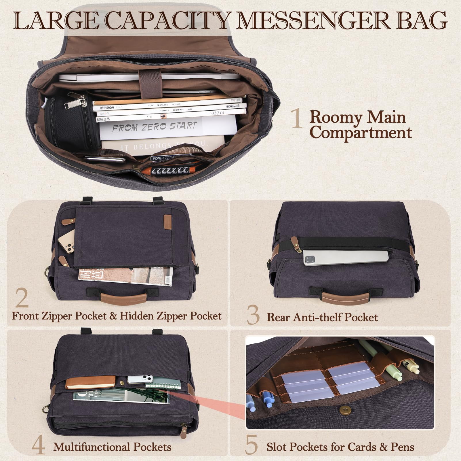 RAINSMORE Messenger Bag for Men 17-17.3 Inch Laptop Bag Water-resistant Canvas Computer Shoulder Bag Office Work Briefcase Large Casual Satchel Bags for Men Bookbag for College,Gray