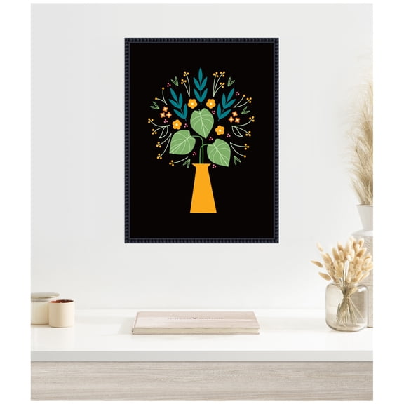 Kate and Laurel Floral Yellow Vase Framed Canvas Wall Art by Amber Leaders 18 x 24 Sylvie Beaded Black, Modern, Abstract, Flowers Art for Wall Decor, Living Room, Bedroom
