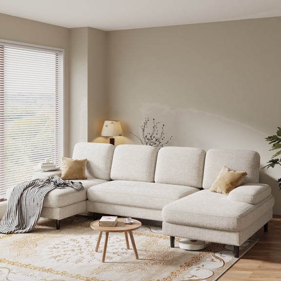 CONCETTA U Shaped Sectional Sofa Couches with Double Chaise 4-Seat Set, Chenille Fabric Cushion for Living Room Home Furniture, Beige
