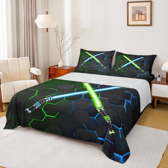 jejeloiu Neon Glowling Lightsaber Twin Sheet Sets,Abstract Geometric Honeycomb Twin Fitted Sheet,Green Blue Hexagon Flat Sheet For Kids,Luxury Bedroom Decor,3 Pieces