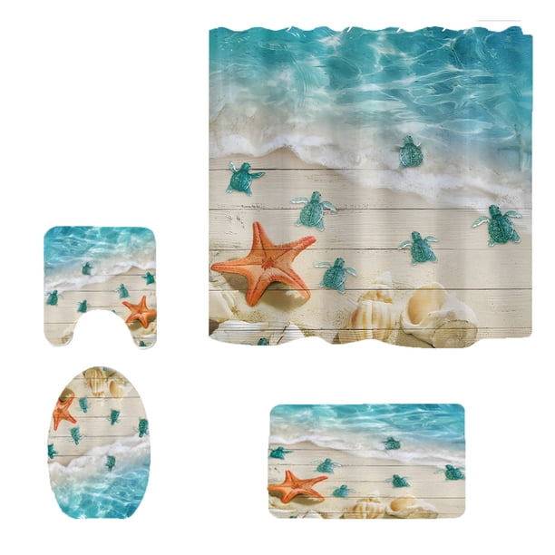 Ganchos de Ducha para Cortina de Ducha, 70.87x70.87 Pulgadas Serie de Playa Impermeable de Poliéster 4 Piezas Conjunto de Baño con Estera, Estera de Inodoro, Estera en Forma de U