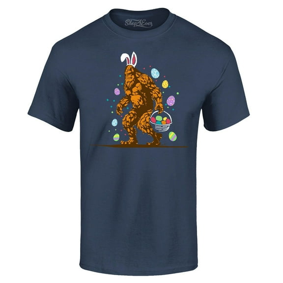 Shop4Ever Men's Bigfoot with Easter Basket and Eggs Funny Graphic T-shirt XXXX-Large Navy