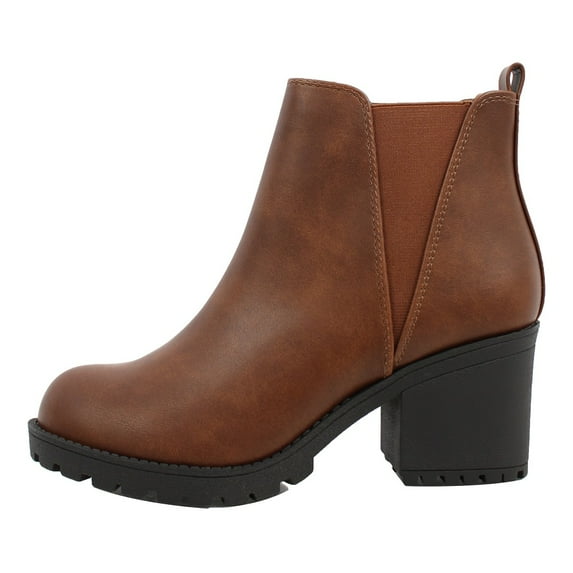Soda Women's Faux Leather V Slit Chelsea Block Heel Ankle Bootie, Brown , 6.5 M US