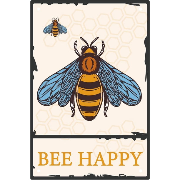 Letrero de metal con texto "Bee Happy", estilo retro vintage, para decoración de pared, para bares, restaurantes, cocinas, cafeterías, pubs y granjas, 8 x 12 pulgadas