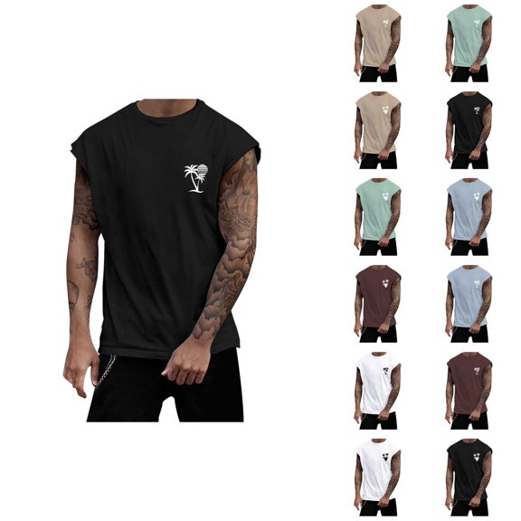 Beach Tank Tops for Men Coconut Tree Print Crewneck Sleeveless Shirt Hawaii Tropical Vacation Mens Tanks