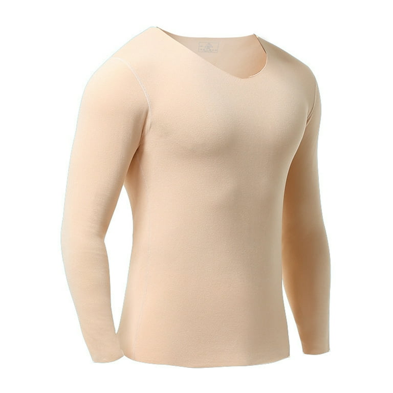 Glookwis Men Fleece Lined T shirt Warm Pullover Comfy Slim Fit Tees Long Sleeve Solid Color Undershirt Thermal Tops Camel L
