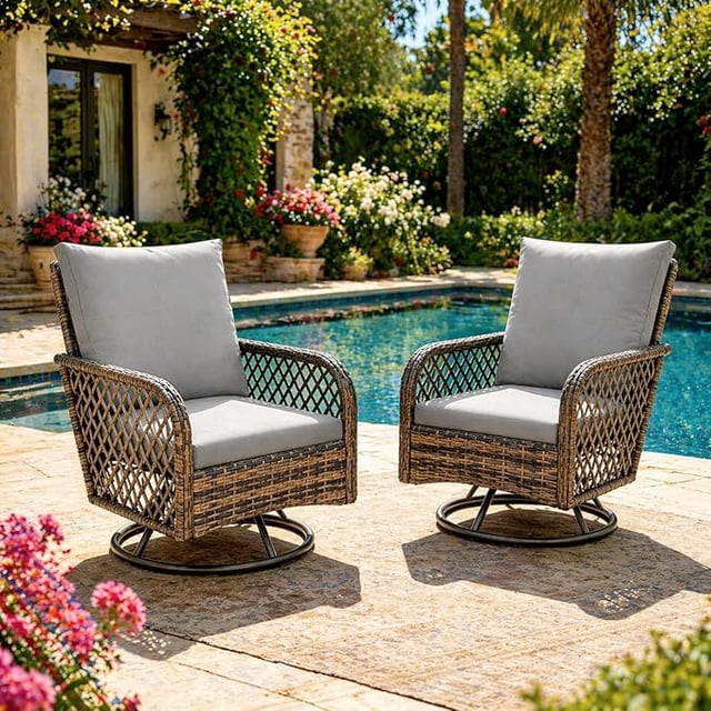 AECOJOY 2-Piece Rattan Patio Conversation Set with 2 High-Back Swivel Rocking Chairs, Dark Gray