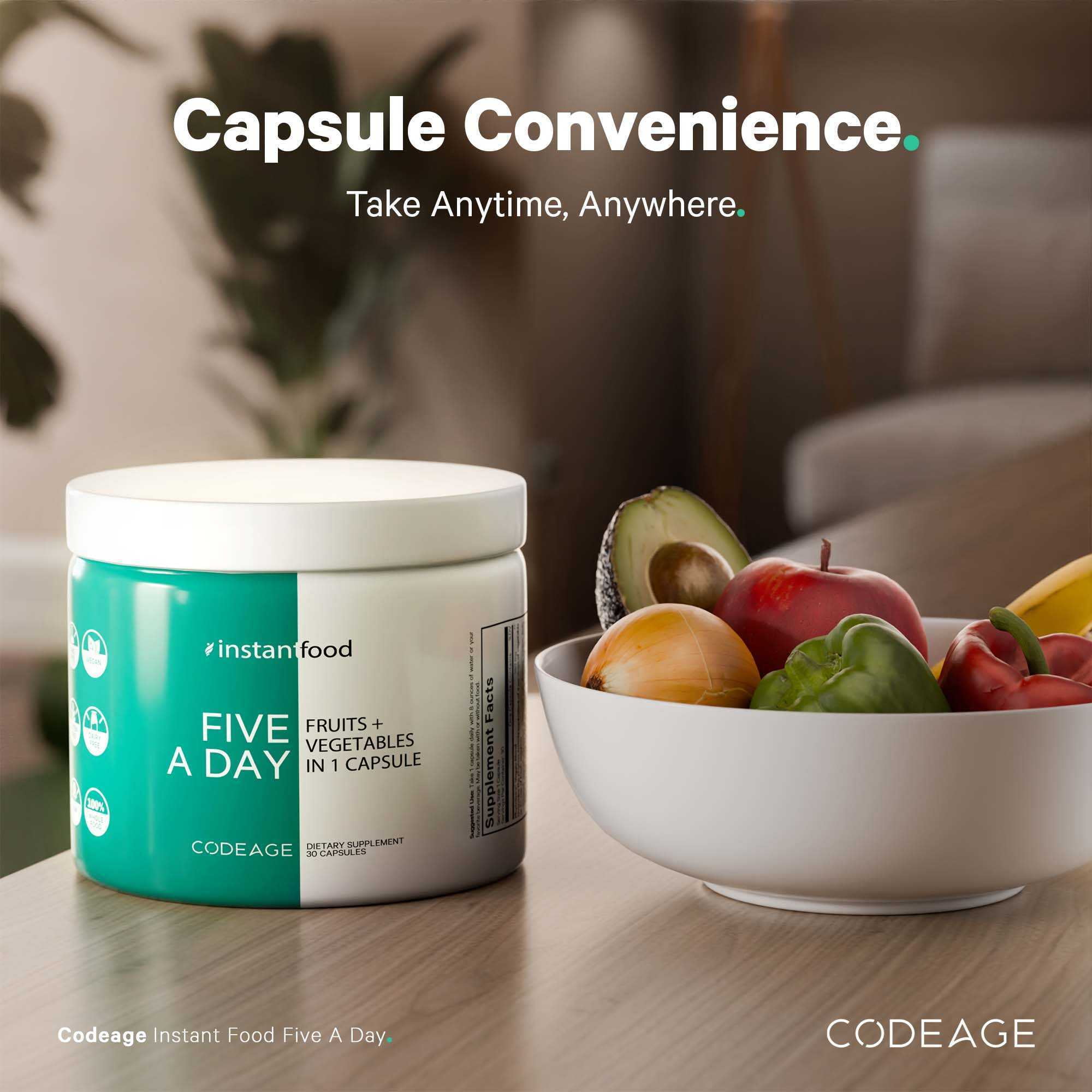 Codeage Instantfood Five a Day, 15 Fruits & Vegetables All-In-One Capsule, Whole Food Vegan Blend, 30 ct