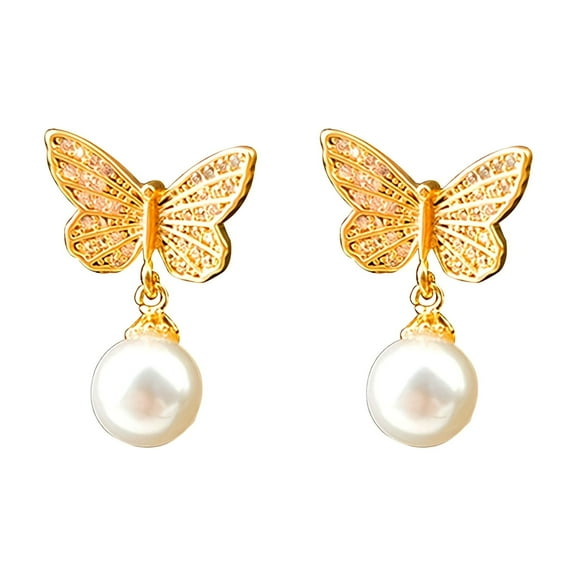 Butterfly Pearl Gold-Plated Zircon Stud Earrings, Unique Design for Daily Wear & Parties