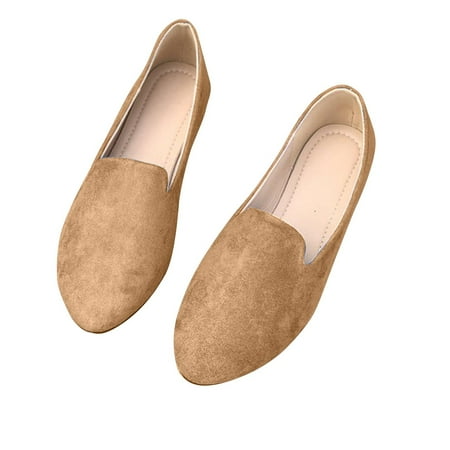 hopeusnice Clearance Women s Slip On Loafers Flat Shoes Suede Leather Comfortable Ballerina Flats Soft Sole Walking Shoes Khaki 36