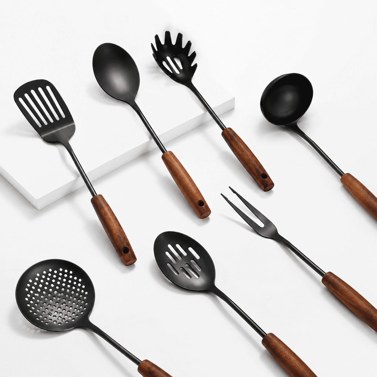304 Stainless Steel Kitchen Utensils Set 8 Long Cooking With Wooden Handle Large Heat Resistant Tools(black Dishwasher Safe)