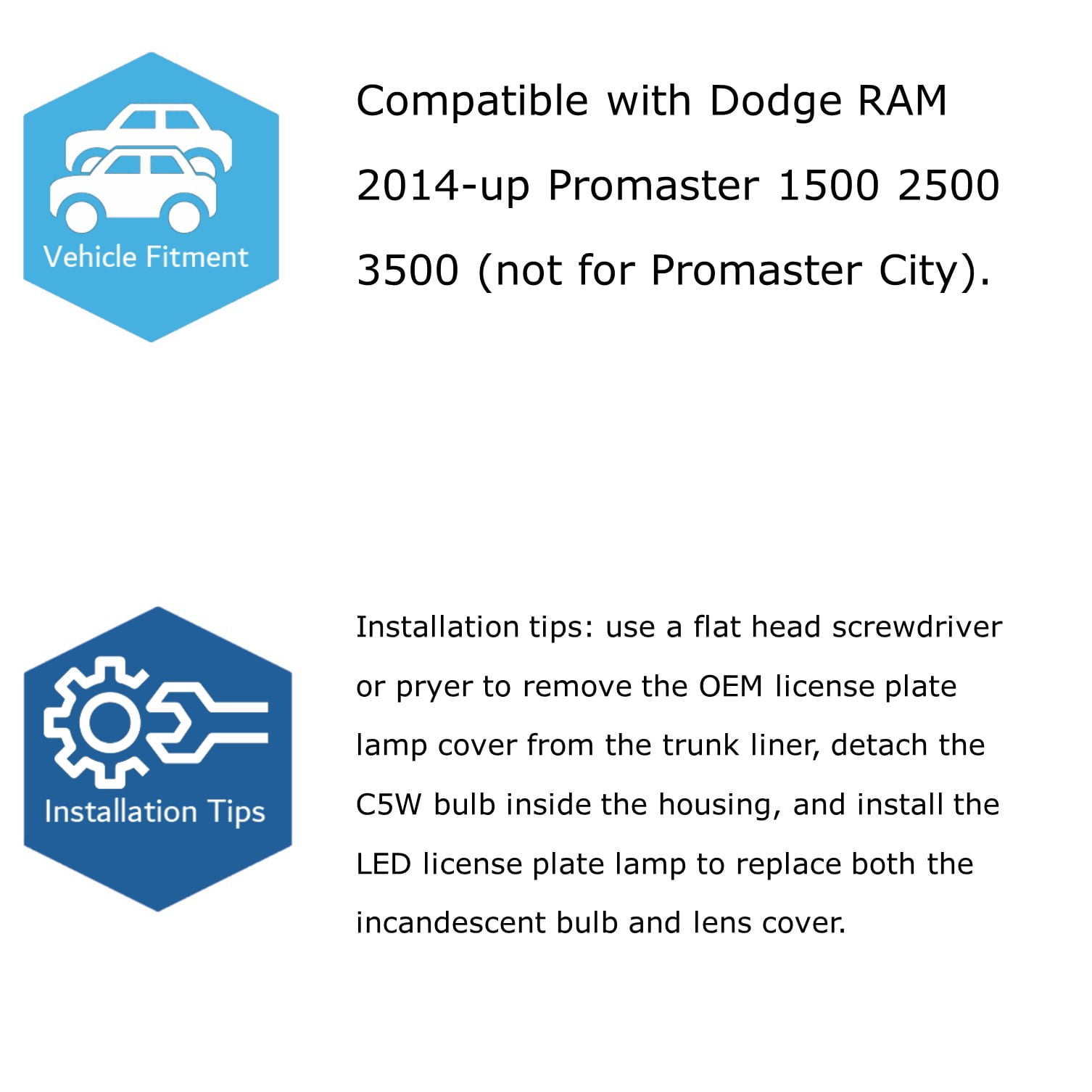 Xenon White Full LED License Plate Light Kit For RAM 2014-up Promaster 1500 2500 3500, Powered By 18-SMD LED Diodes