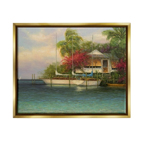 Tropical Boats Waterfront Scenery Landscape Painting Metallic Gold Framed Art Print Wall Art