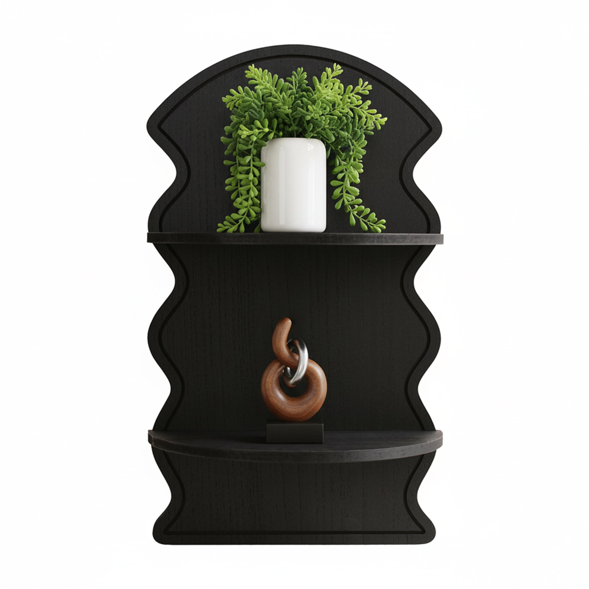 American Art Decor Black Wavy Arched Lunar Ledges Wall Shelf, Wooden 2-Tier Floating Bookshelf for Wall, Carved Fluted Arch Display Shelf for Bedroom Bathroom Kitchen Living Room Decor, 14" x 24"