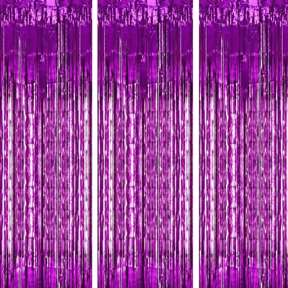 KIRIKOU Pack of 3 Purple Foil Fringe Curtains Backdrop Party Decoration, 3.2ft x 6.5ft Metallic Tinsel Curtain Photo Backdrop for Birthday Bachelorette Party Bridal Baby Shower Decorations