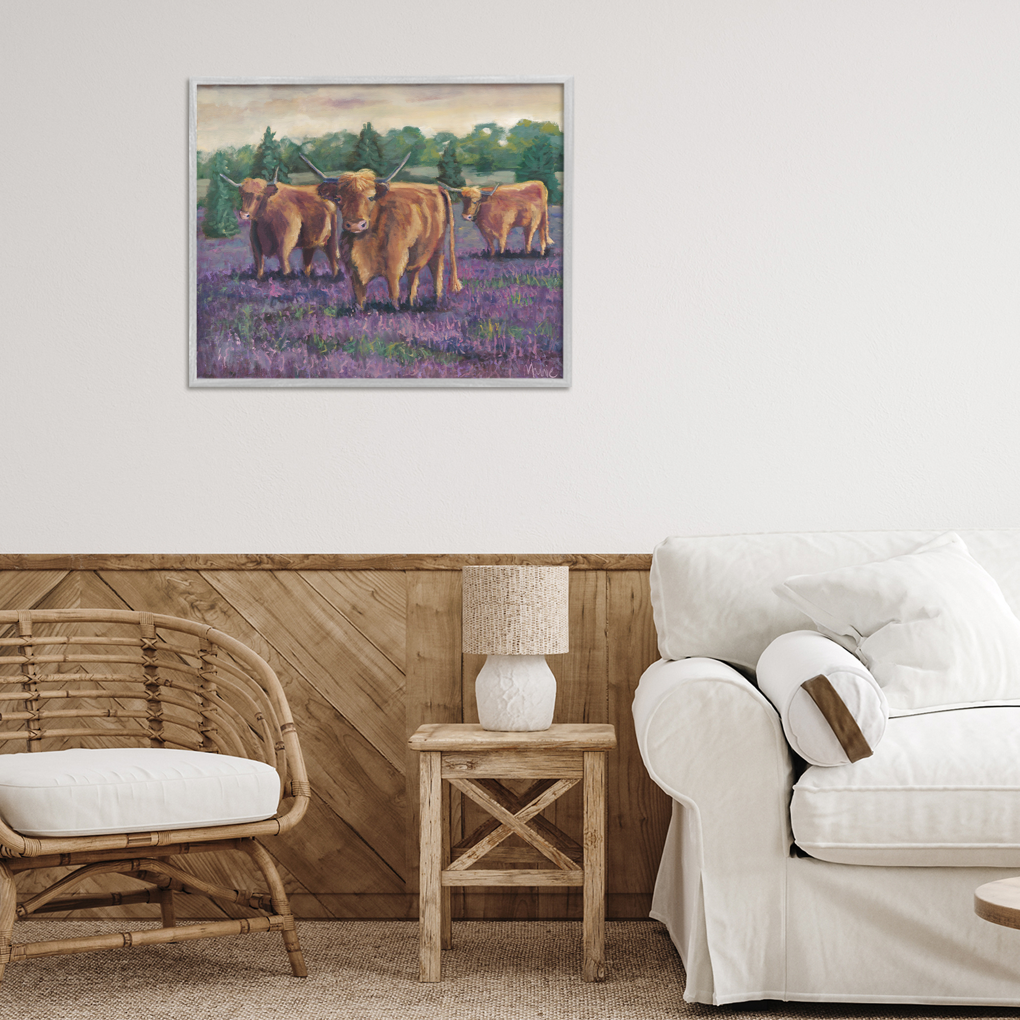 Purple Fields & Cows Gray Framed Giclee Art, design by Marnie Bourque