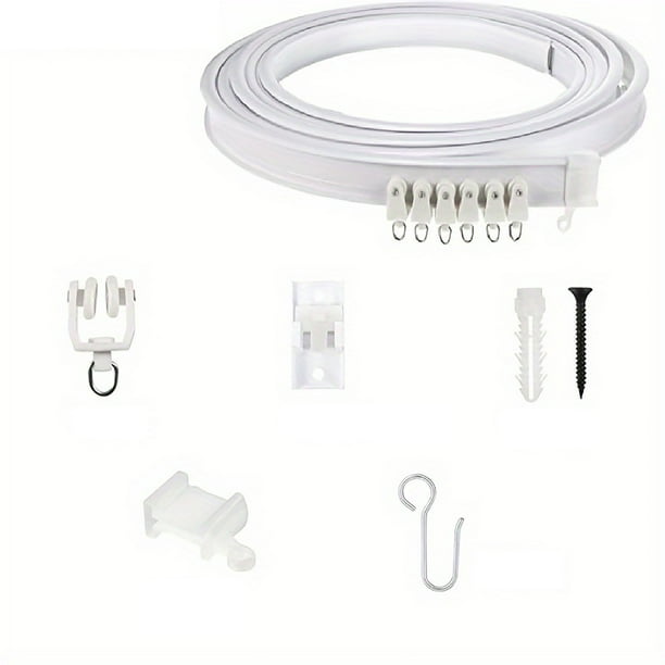 Sistema de rieles para cortinas en forma de U flexible para instalación personalizada. Deslizamiento suave. Construcción duradera de plástico y metal. Incluye 8 rodillos y 3 soportes