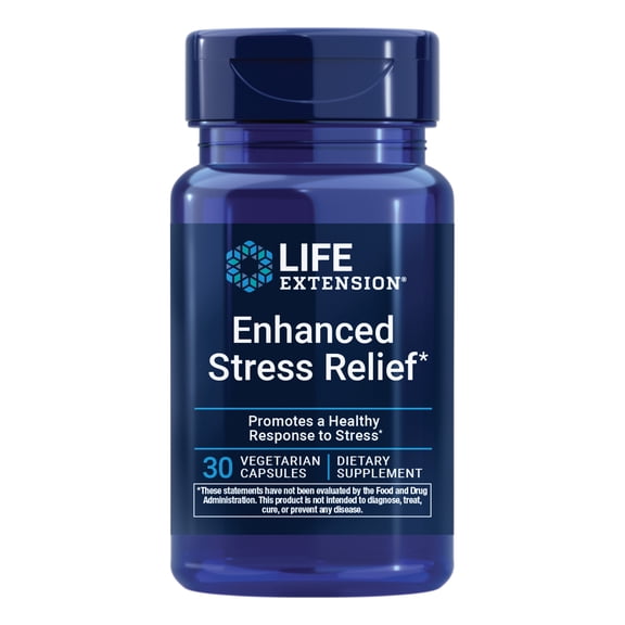 Life Extension Enhanced Stress Relief, lemon balm extract, L-theanine, decompress with this supplement for stress, gluten-free, non-GMO, vegetarian, 30 capsules
