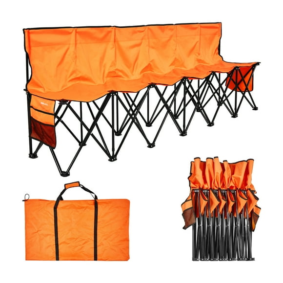 VEVOR Banc pliant portable à 6 places, Banc de camping pliable avec poches de rangement et sac de transport, siège latéral léger avec dossier pour football, baseball et événements en plein air, orange