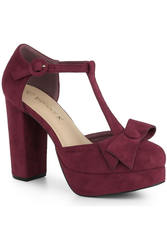 Women's Shoes Mary Janes Platform Pumps T-Strap Block Heel Round Toe Bow Decor Casual Shoes Burgundy 10