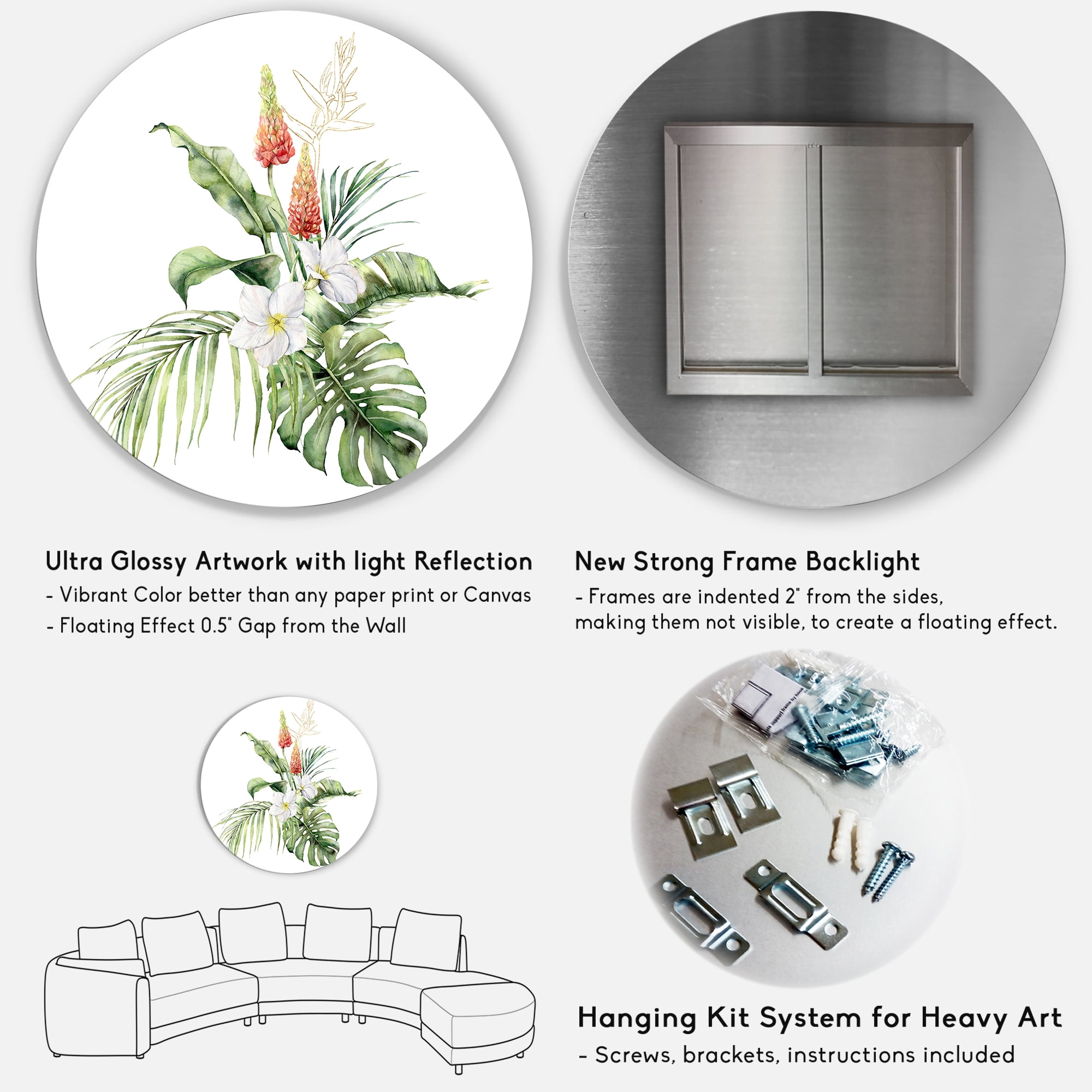Designart 'Tropical Bouquet With Plumeria Lupine Palm Leaves' Traditional Circle Metal Wall Art 11x11 - Disc of 11