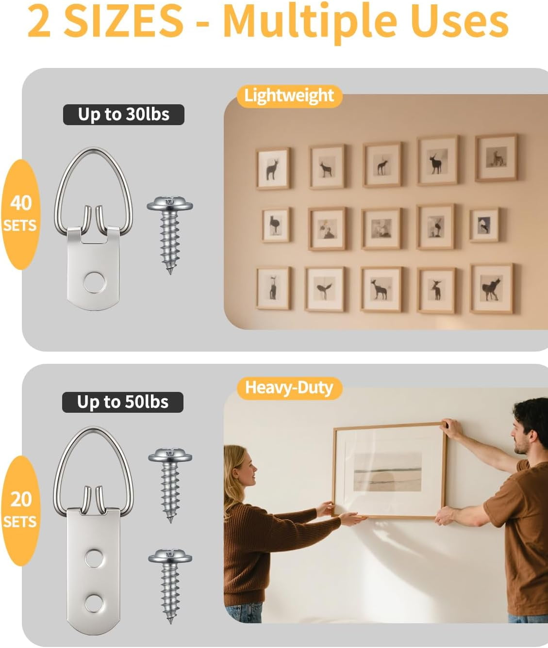 D-Ring Picture Hangers with Screws Kit – Single Hole & Double Hole Hangers with Screws | Heavy Duty Wall Hooks for Frames Mirrors Canvas and Picture Hanging Hardware