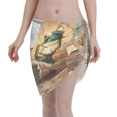 Adobk Women Beach Sarong Bathing Suit Oil Lamp Coffee Beans Print Wrap Skirt Sheer Bikini Swimsuit Cover Ups For Swimwear