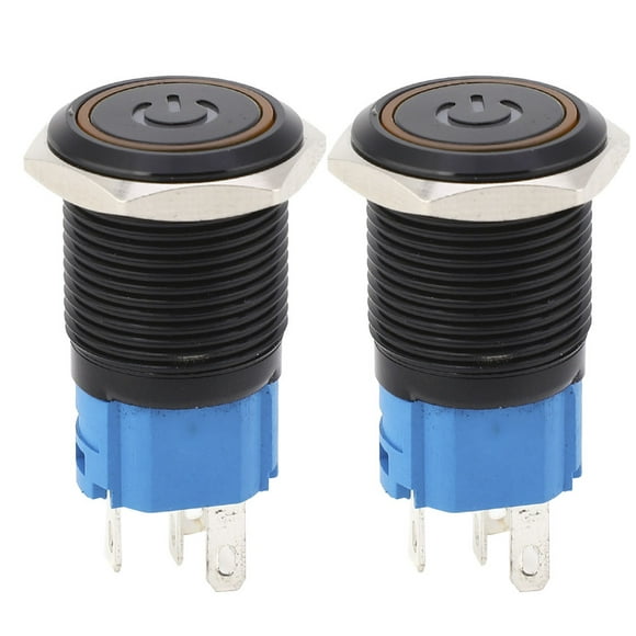 2 interruptores metálicos autoblocantes negros con protección IP65, lámpara LED y símbolo de 16 mm (amarillo, 12 V CC).