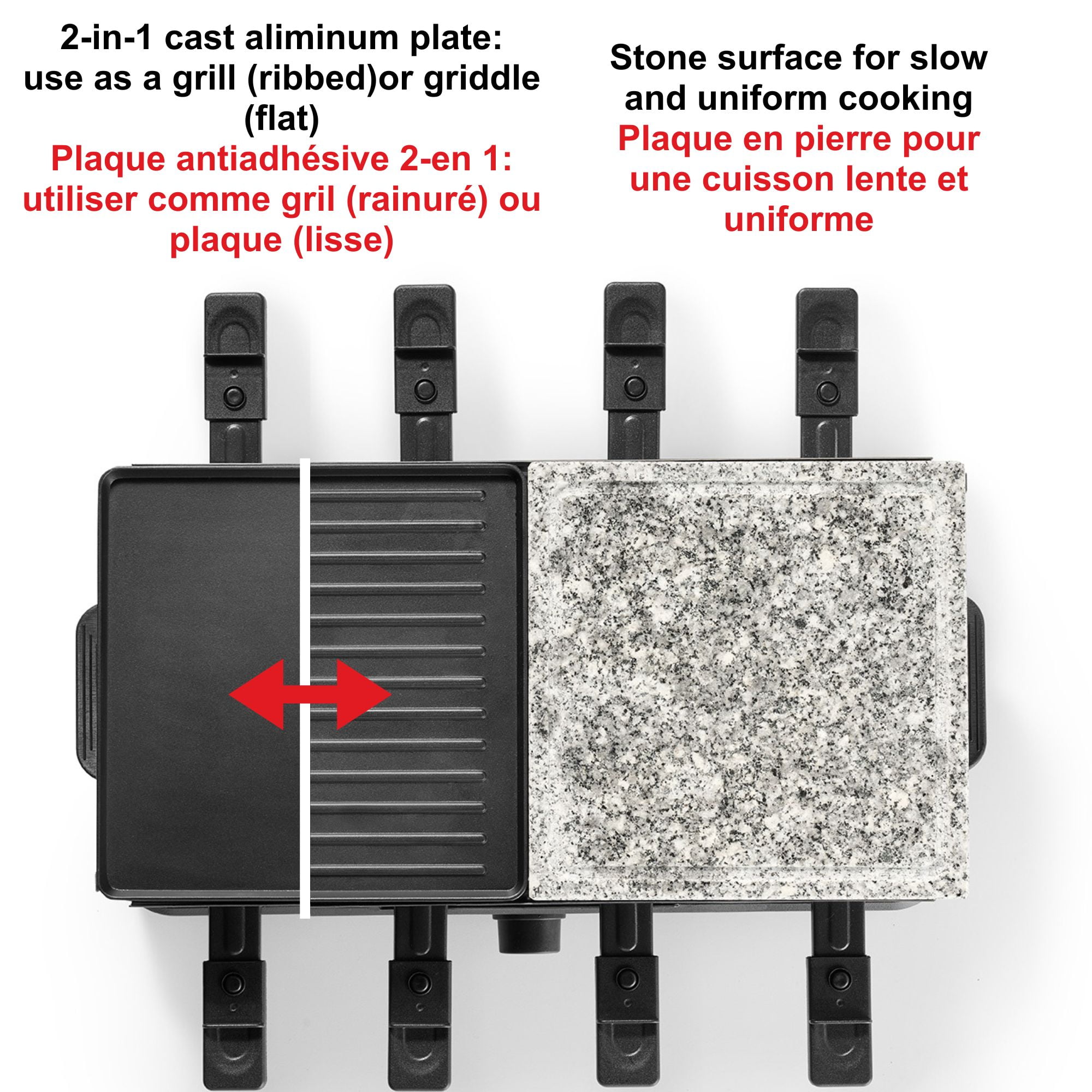 Starfrit 8-Person Raclette Party Grill, 2-in-1 Die-Cast Aluminum & Cooking Stone, Adjustable Temperature, 8 Spatulas & Dishes, 1300W, Hand Wash, Black, 2-in 1 Grill or griddle