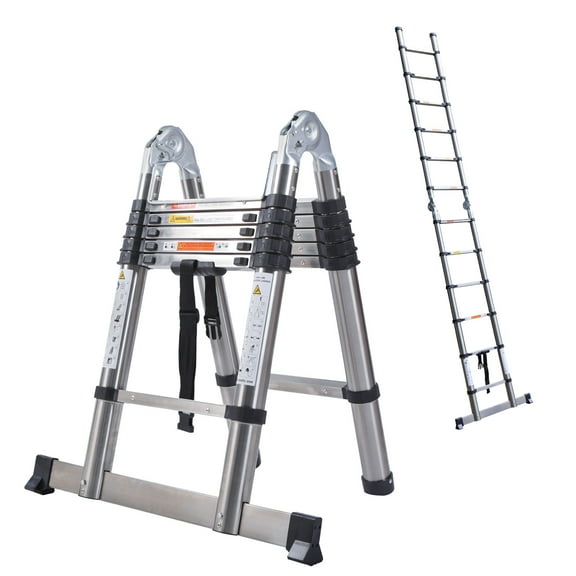 12.5ft Telescoping Extension Ladder A-Frame, Stainless Steel Multi-Purpose Folding Collapsible Ladder with Support Bar and Hinge, 330lbs Max Load, EN131 Certificated, for Indoor Outdoor Household