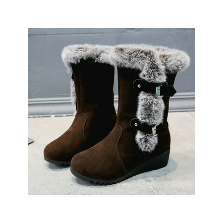 

UKAP Women s Winter Snow Boots Wedge Dual Buckle Heels Warm Mid-Calf Ankle Booties