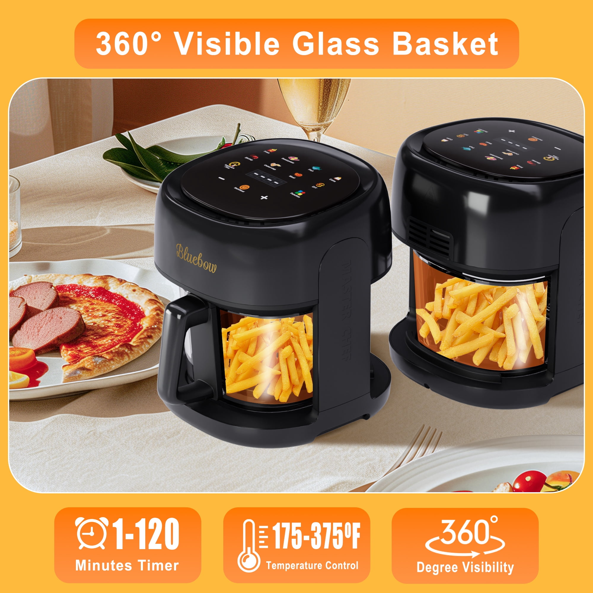 Bluebow 5 Quart Air Fryer with 360° Viewing Glass Pot, 8-in-1 Digital Touchscreen, Nonstick & Dishwasher Safe Basket, Less Oil, 1350W (Black)