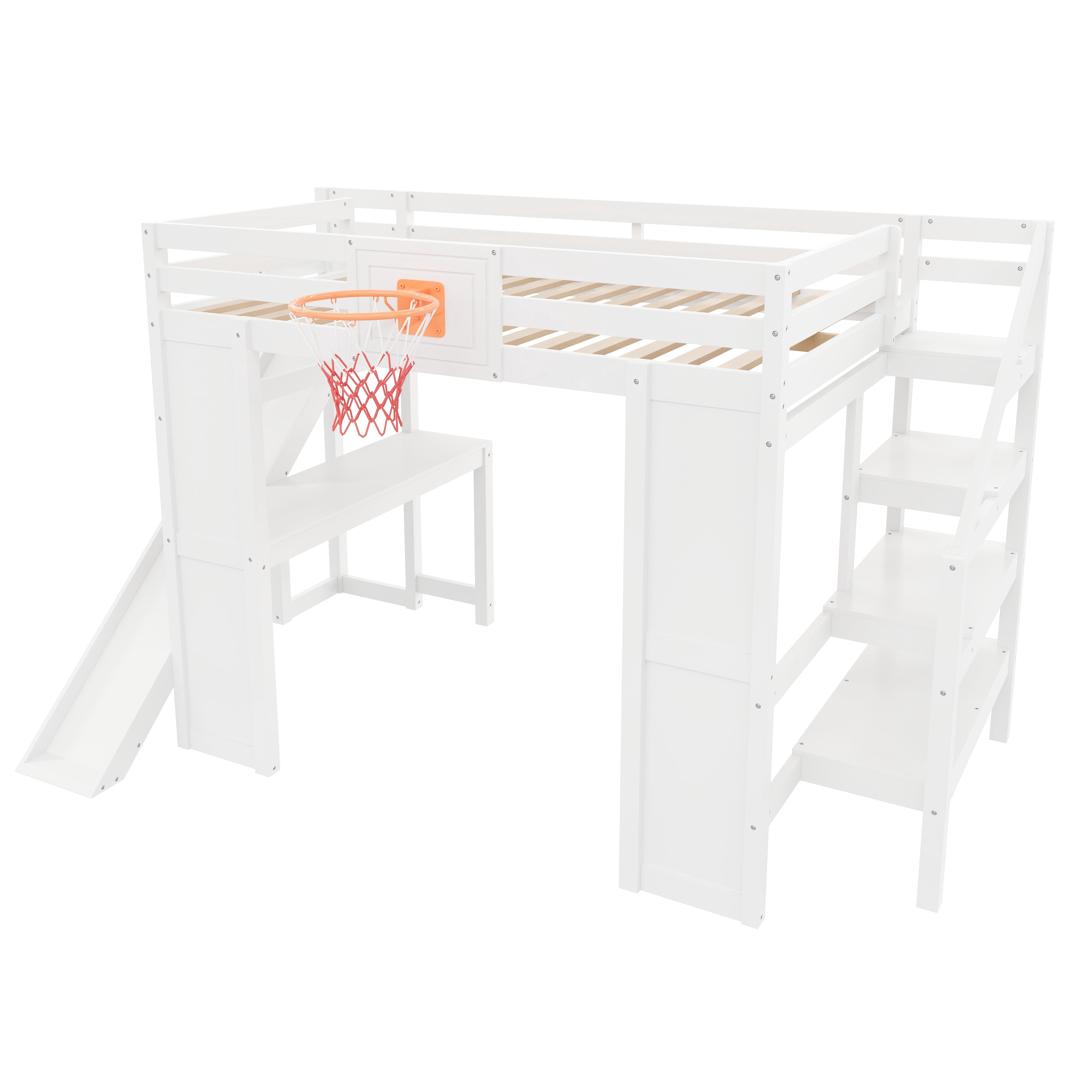 Euroco Wood Full Size Loft Bed with Desk and Shelves, Storage Bed with Basketball Hoop and Slide, White
