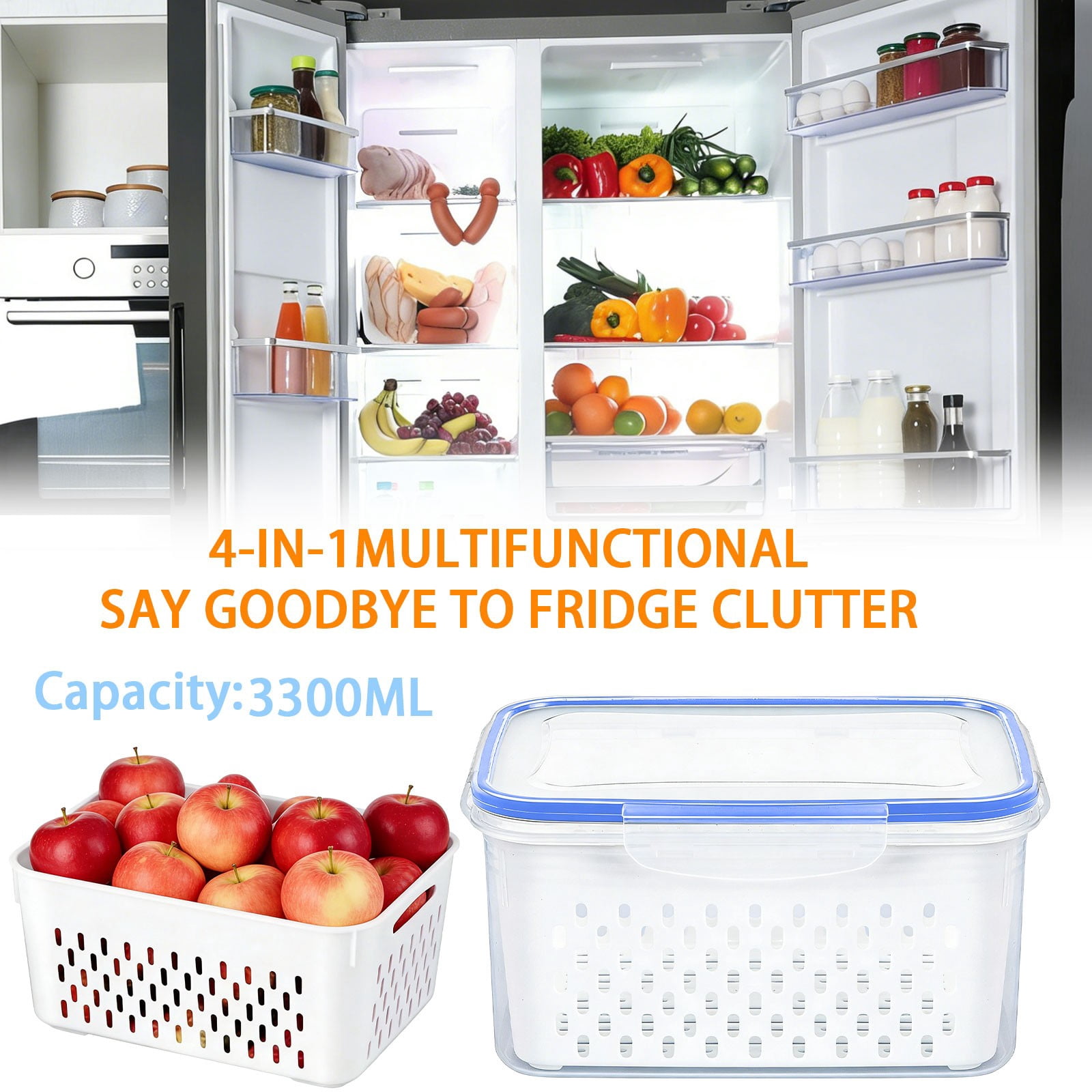 Lunxisen 4 Pcs Food Storage Container Set Clear Plastic Organizer Fridge Pantry Kitchen Essentials Airtight Fresh Produce Keepers(L)
