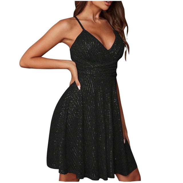 Lindbes Robes de Bal à Paillettes pour Femmes Sans Manches Portefeuille Col en V Tendance Cocktail Mariage Formelle Robe Courte Blanche TP