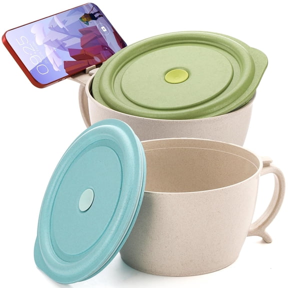 2 Pack Noodle Bowl With Lid, 40 OZ Large Microwave Wheat Straw Soup Bowl with Phone Holder, Instant Noodle Bowl for Soup, Noodles, Ramen