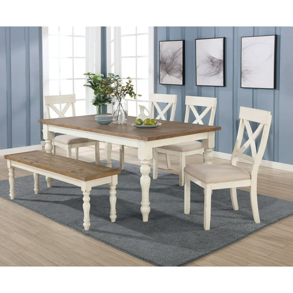 Roundhill Furniture Prato 6-piece Dining Table Set With Cross Back Chairs and Bench, Antique White and Distressed Oak