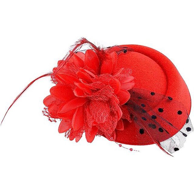 Rojo - Sombrero de boda vintage Años 0 1950 Vestido floral Sombrero Fiesta del té Velo de cóctel