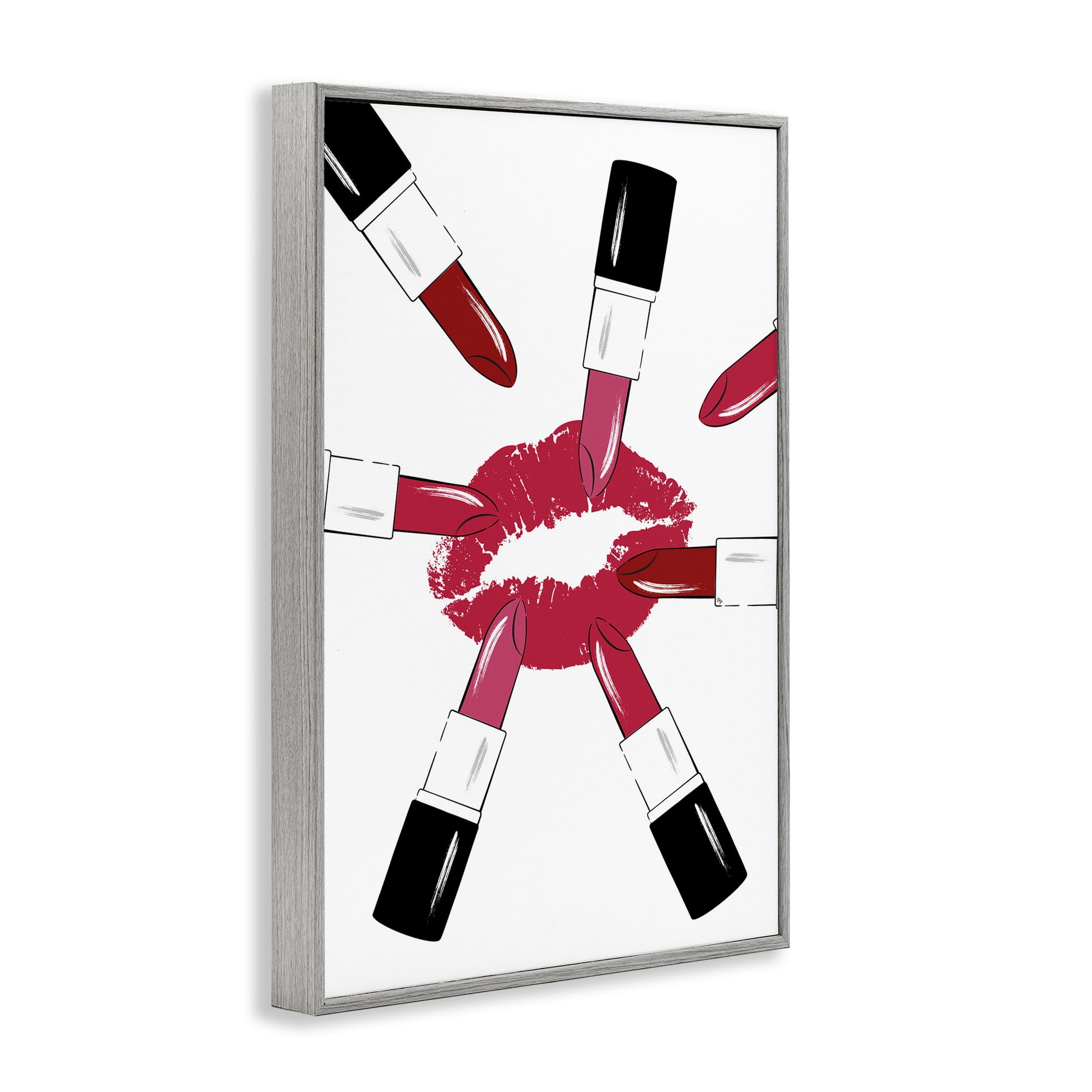 Stupell Industries Lipsticks & Kiss Beauty & Fashion Painting Gray Framed Art Print Wall Art, 16 x 24