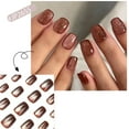 thumbnail image 3 of Short Square Press on Nails Glitter Nail Brown Nude Stick On Nails 24Pcs Cat Eye Fake Nails for Women, 3 of 6