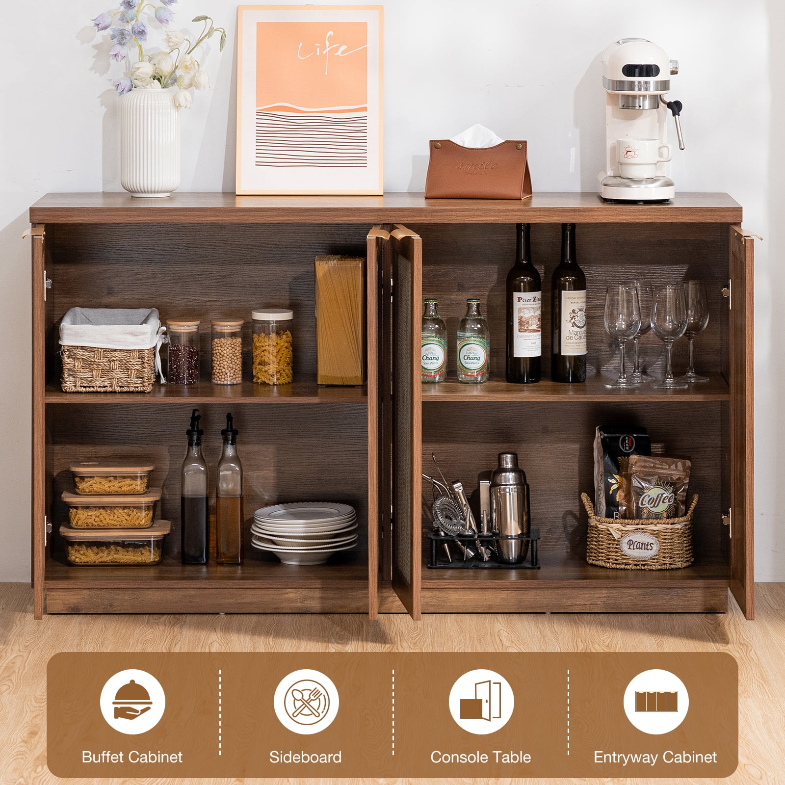 Hommpa Storage Sideboard Rattan Sideboard Buffet Cabinet with Adjustable Shelves 4-Doors Kitchen Storage Cabinet for Dining Room, Living Room,Bedroom, Hallway, Brown