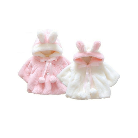

Infant Baby Girls Thick Fur Coat Cape Cloak Pearl Button Bunny Ear Winter Warm Hooded Jacket with Pom-Pom Balls