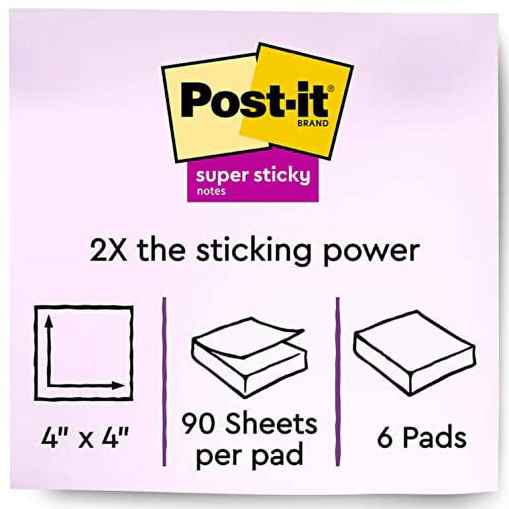 Post-it Super Sticky Notes, 4 in x 4 in, 6 Pads, 2x the Sticking Power, Energy Boost Collection, Bright Colors, Recyclable (675-6SSUC)