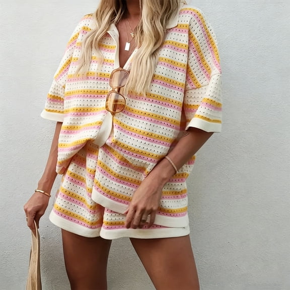 Karymi Jumpsuits for Women Dressy 2-Piece Knit Outfit, Striped Openwork Short Sleeve Top Elastic Waist Shorts with Pockets, Casual Summer Beach Set Womens T Shirts