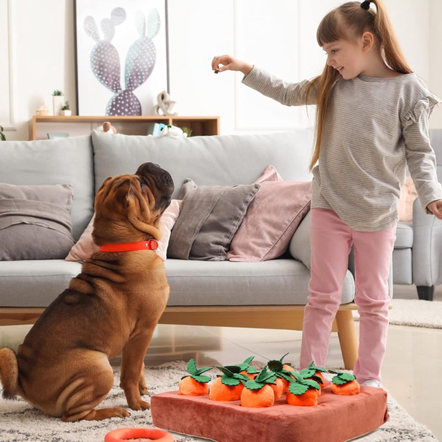 Dog Carrot Toy, Enrichment Dog Puzzle Toys, Hide and Seek Carrot Farm Dog Plush Chew Toys for Small Medium and Large Dogs Cats with 12 Carrots
